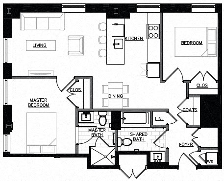 Floor plan for 2 beds, 2 baths, 1000 sqft